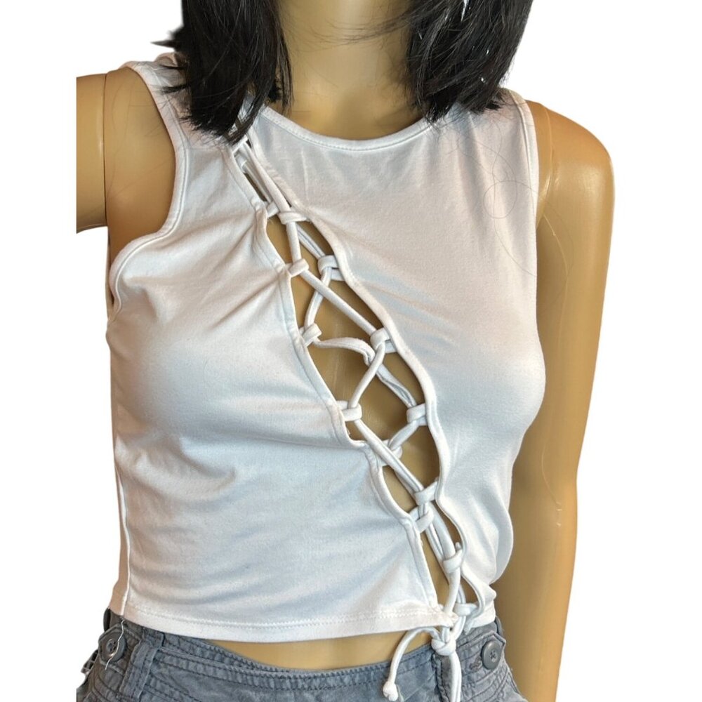 OG Babe Womens Lace Up Sleeveless Tank Top in‎ White Small Y2K Grunge Edgy